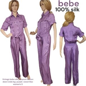 Vintage Retro bebe silk jumpsuit button down wide leg purple sweet lilac women S